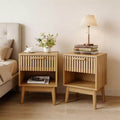 Set of 2 Boho Nightstands w/ Striped Drawer and Open Shelf, Compact Wood Bedside End Table, Small Space Side Table for Bedroom and Living Room