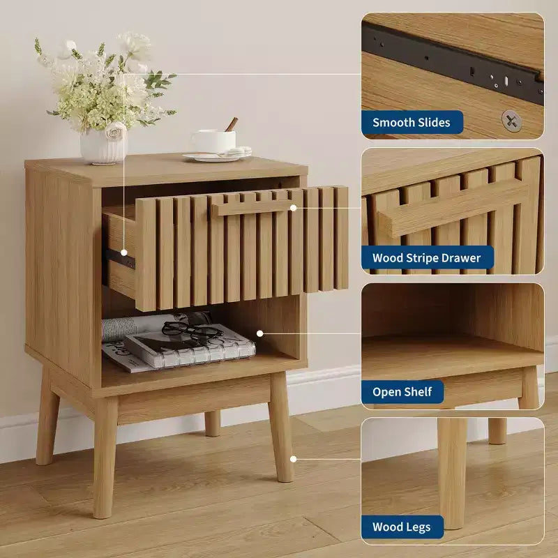 Set di 2 comodini Boho con cassetto a righe e ripiano aperto, tavolino da letto compatto in legno, tavolino laterale salvaspazio per camera da letto e soggiorno