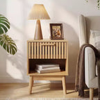 Set di 2 comodini Boho con cassetto a righe e ripiano aperto, tavolino da letto compatto in legno, tavolino laterale salvaspazio per camera da letto e soggiorno