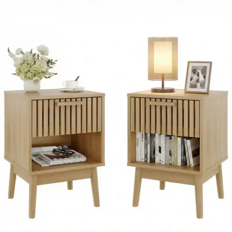 Set di 2 comodini Boho con cassetto a righe e ripiano aperto, tavolino da letto compatto in legno, tavolino laterale salvaspazio per camera da letto e soggiorno