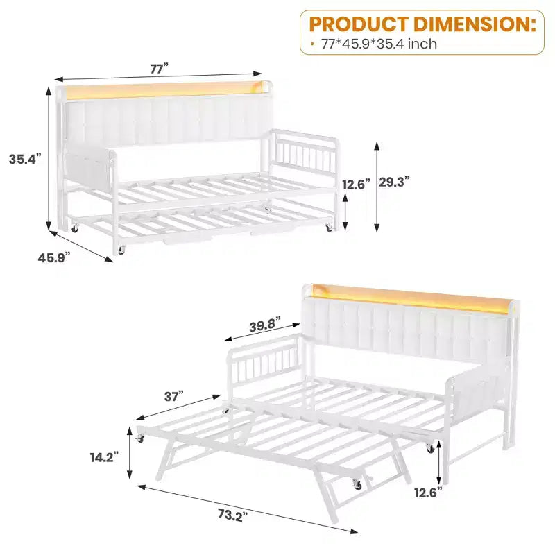 Divano Letto con Rotelle, Struttura in Tessuto Imbottito con Luce a LED, Stazione di Ricarica e Testiera Contenitore, Robuste Doghe in Metallo