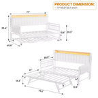 Divano Letto con Rotelle, Struttura in Tessuto Imbottito con Luce a LED, Stazione di Ricarica e Testiera Contenitore, Robuste Doghe in Metallo