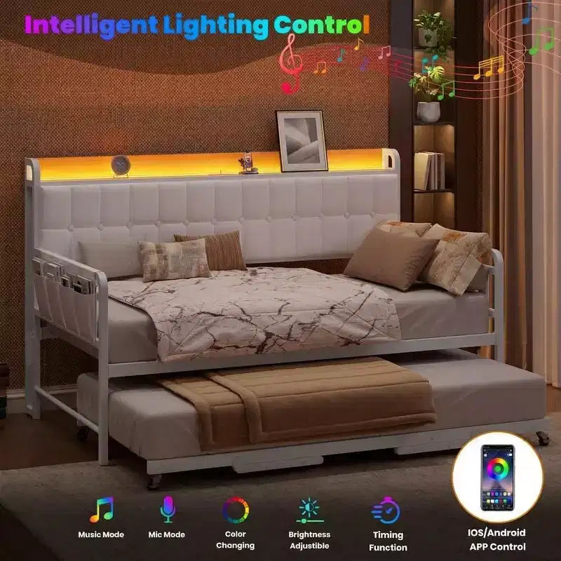 Divano Letto con Rotelle, Struttura in Tessuto Imbottito con Luce a LED, Stazione di Ricarica e Testiera Contenitore, Robuste Doghe in Metallo