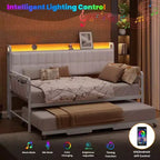 Divano Letto con Rotelle, Struttura in Tessuto Imbottito con Luce a LED, Stazione di Ricarica e Testiera Contenitore, Robuste Doghe in Metallo