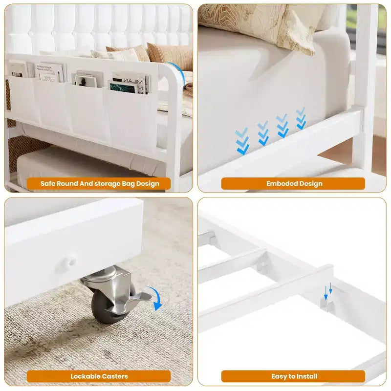 Divano Letto con Rotelle, Struttura in Tessuto Imbottito con Luce a LED, Stazione di Ricarica e Testiera Contenitore, Robuste Doghe in Metallo