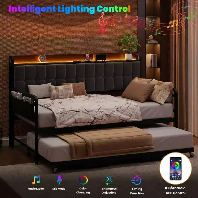 Divano Letto con Rotelle, Struttura in Tessuto Imbottito con Luce a LED, Stazione di Ricarica e Testiera Contenitore, Robuste Doghe in Metallo