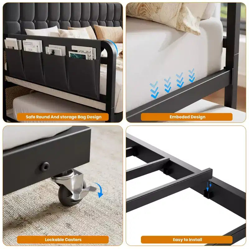 Divano Letto con Rotelle, Struttura in Tessuto Imbottito con Luce a LED, Stazione di Ricarica e Testiera Contenitore, Robuste Doghe in Metallo