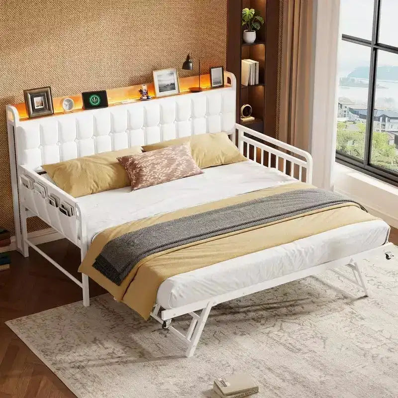 Divano Letto con Rotelle, Struttura in Tessuto Imbottito con Luce a LED, Stazione di Ricarica e Testiera Contenitore, Robuste Doghe in Metallo