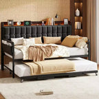 Twin Daybed with Trundle, Upholstered Sofa Bed Frame with LED Light, Charging Station and Storage Headboard, Heavy Duty Metal Slats