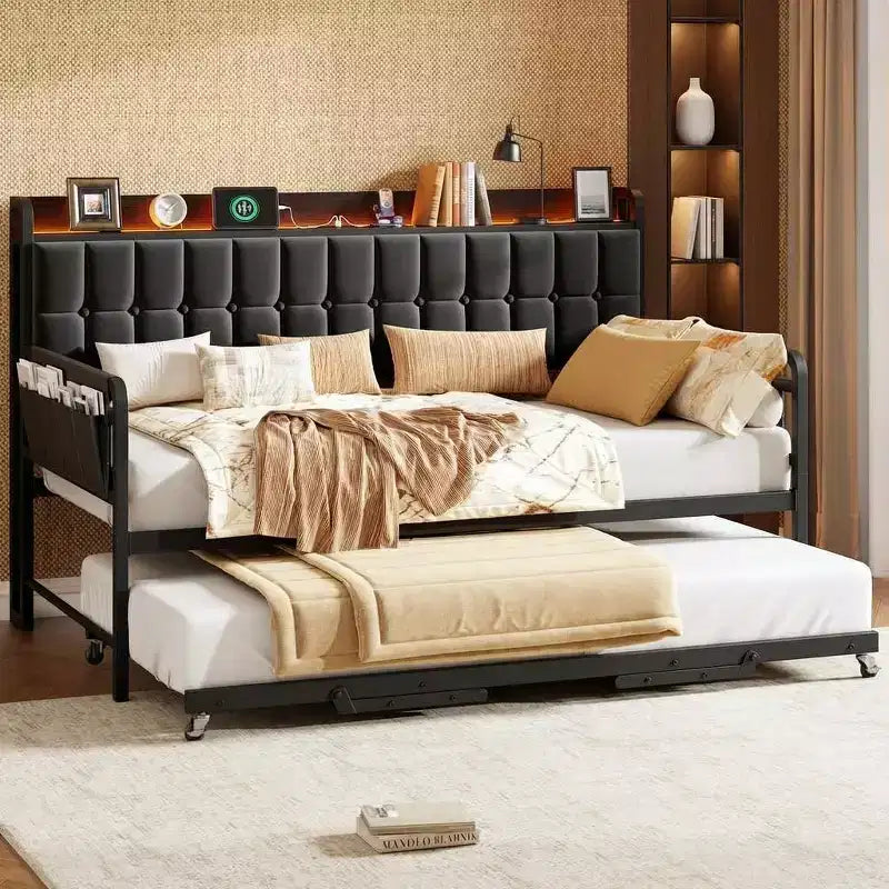 Twin Daybed with Trundle, Upholstered Sofa Bed Frame with LED Light, Charging Station and Storage Headboard, Heavy Duty Metal Slats