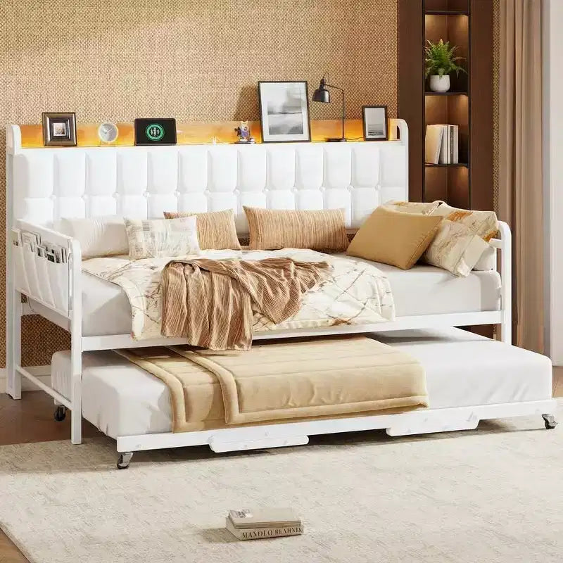 Divano Letto con Rotelle, Struttura in Tessuto Imbottito con Luce a LED, Stazione di Ricarica e Testiera Contenitore, Robuste Doghe in Metallo