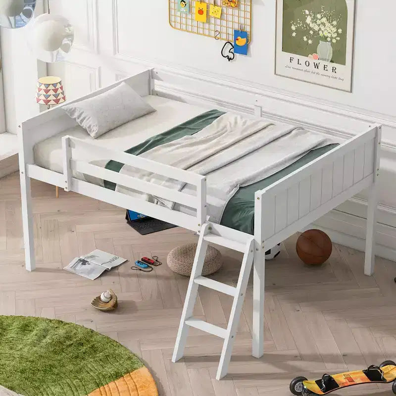 FAMYYT Letto a soppalco a grandezza naturale con scaletta, facile da montare, bianco