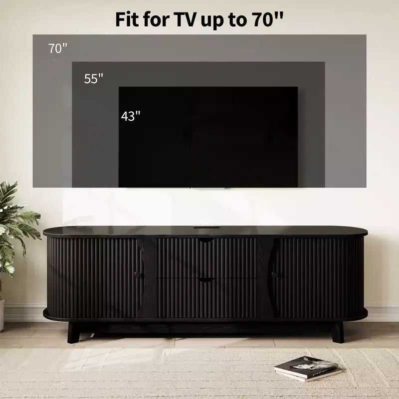 Meuble TV moderne du milieu du siècle de 63 po avec prise de courant - Meuble de divertissement en noyer avec 2 tiroirs et étagères réglables