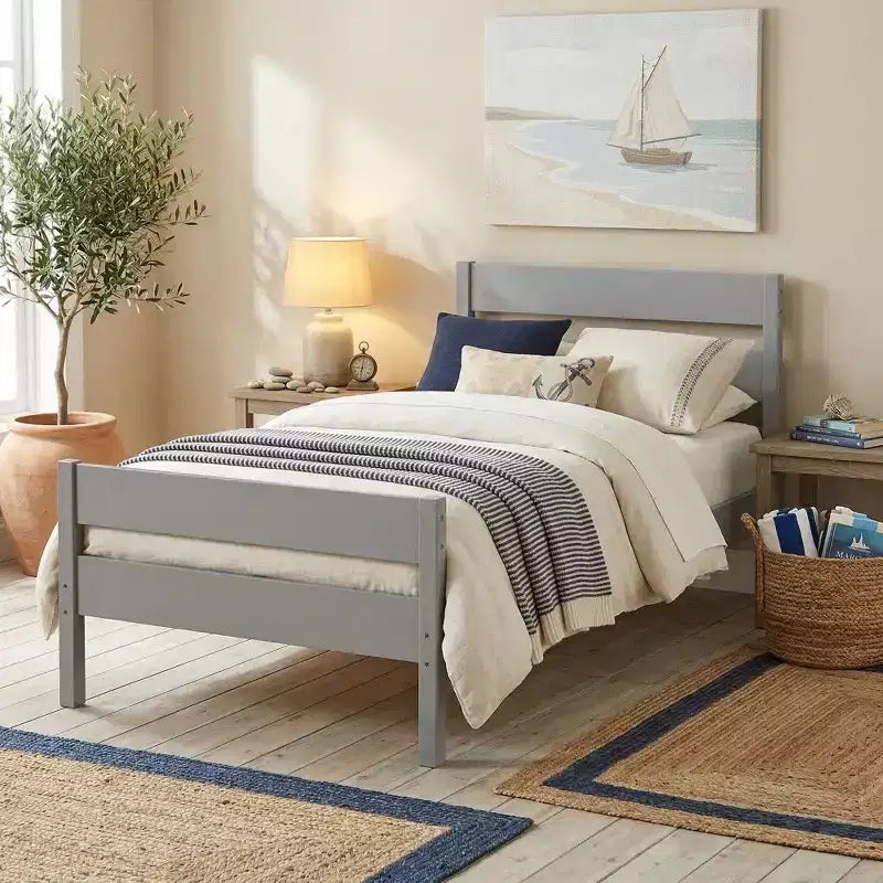 Struttura letto a piattaforma singola VECELO con testiera a doghe orizzontali, letto in legno senza bisogno di molle per cameretta bambini