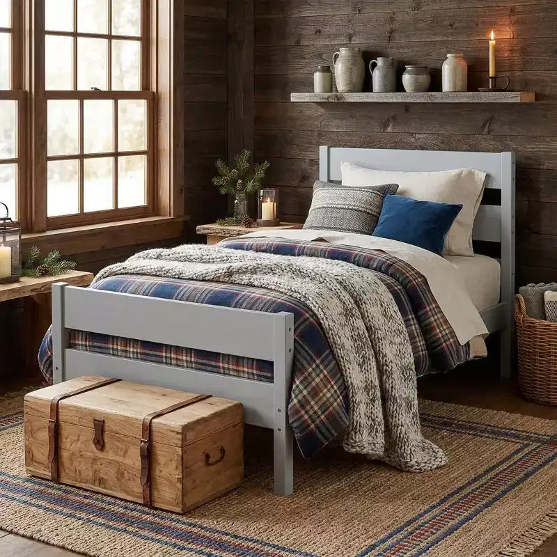 Struttura letto a piattaforma singola VECELO con testiera a doghe orizzontali, letto in legno senza bisogno di molle per cameretta bambini