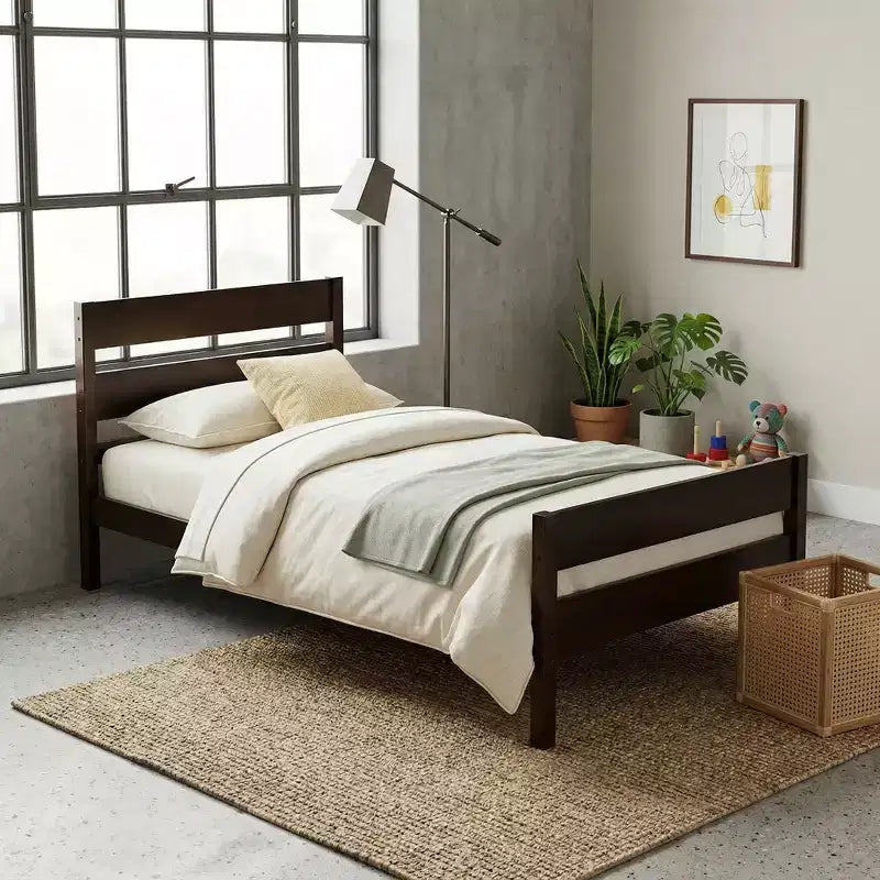 Struttura letto a piattaforma singola VECELO con testiera a doghe orizzontali, letto in legno senza bisogno di molle per cameretta bambini