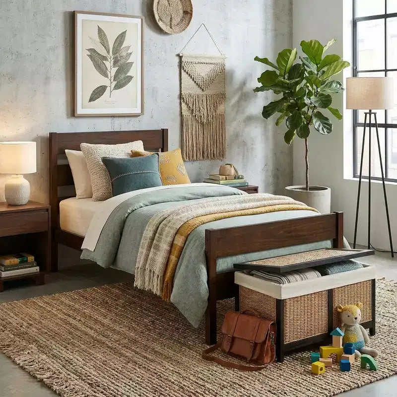 Struttura letto a piattaforma singola VECELO con testiera a doghe orizzontali, letto in legno senza bisogno di molle per cameretta bambini