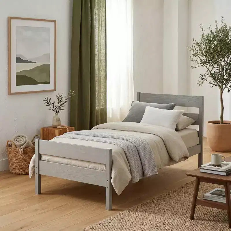 Struttura letto a piattaforma singola VECELO con testiera a doghe orizzontali, letto in legno senza bisogno di molle per cameretta bambini