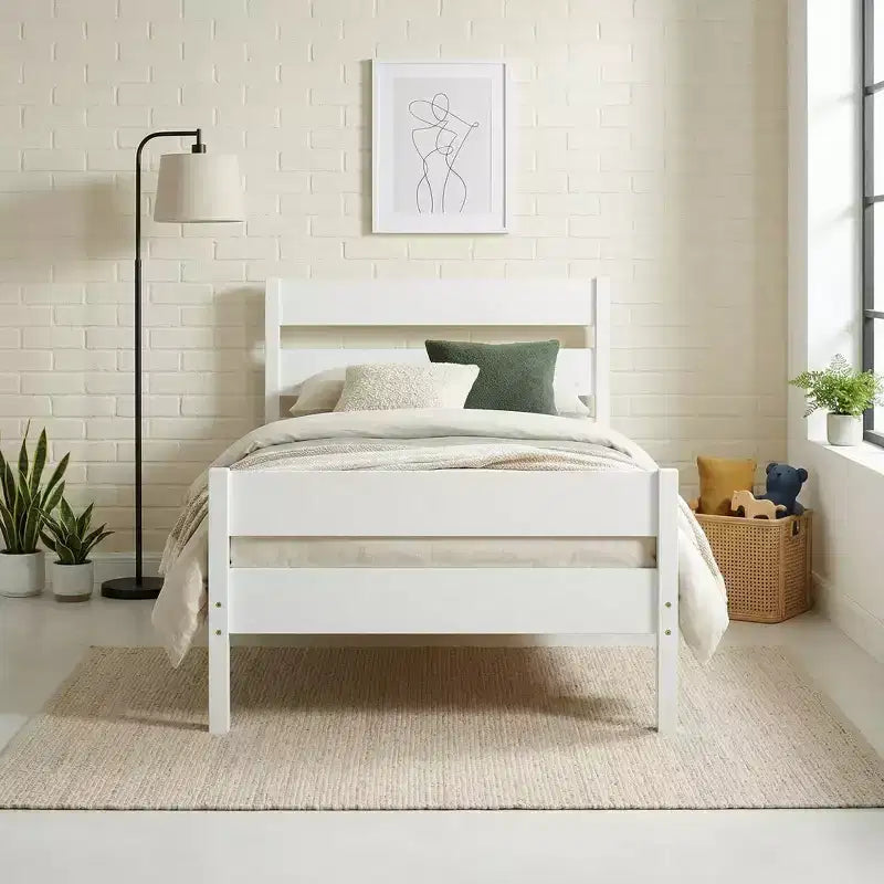 Struttura letto a piattaforma singola VECELO con testiera a doghe orizzontali, letto in legno senza bisogno di molle per cameretta bambini