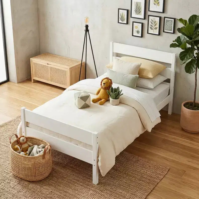 Struttura letto a piattaforma singola VECELO con testiera a doghe orizzontali, letto in legno senza bisogno di molle per cameretta bambini