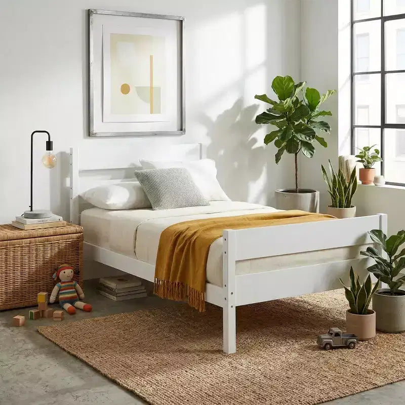 Struttura letto a piattaforma singola VECELO con testiera a doghe orizzontali, letto in legno senza bisogno di molle per cameretta bambini