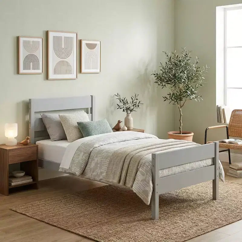VECELO Twin Platform Bed Frame with Horizontal Slat Headboard, No Box Spring Needed Wood Bed for Kids Bedroom