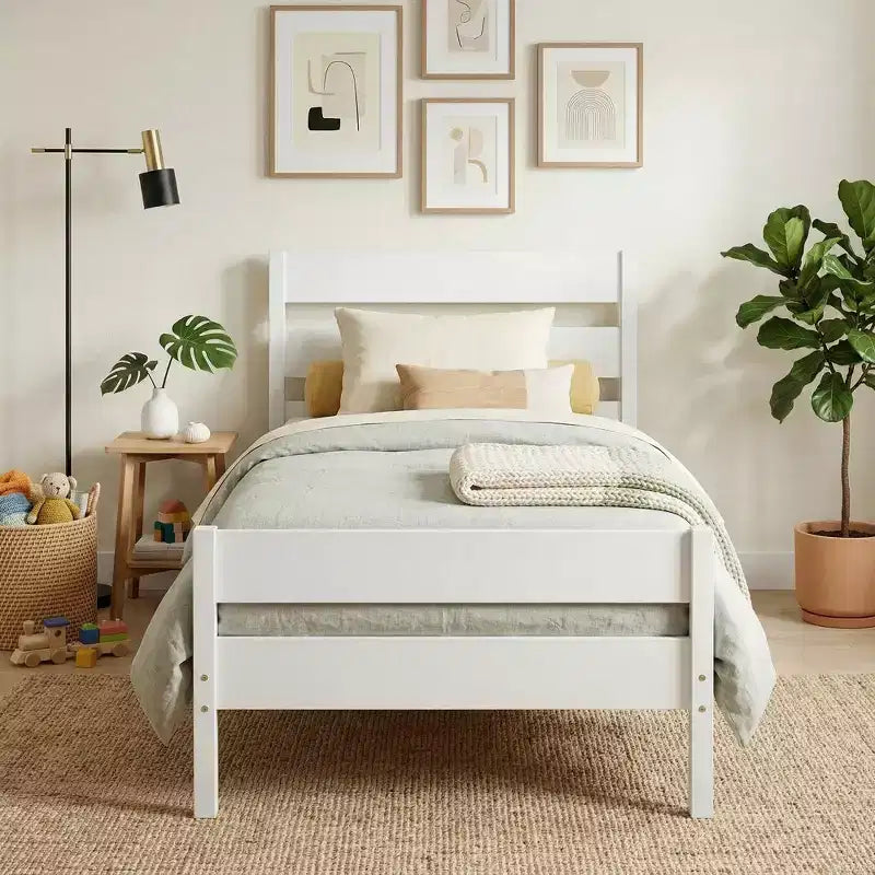Struttura letto a piattaforma singola VECELO con testiera a doghe orizzontali, letto in legno senza bisogno di molle per cameretta bambini