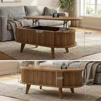 JVNOXK Table basse à plateau relevable cannelé avec compartiment caché, table basse en bois, table relevable ovale moderne pour salon, bureau, noyer