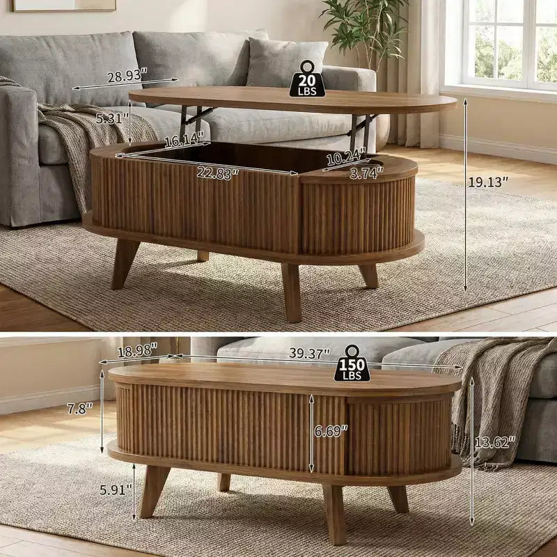 JVNOXK Table basse à plateau relevable cannelé avec compartiment caché, table basse en bois, table relevable ovale moderne pour salon, bureau, noyer