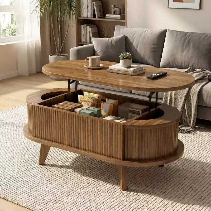 JVNOXK Table basse à plateau relevable cannelé avec compartiment caché, table basse en bois, table relevable ovale moderne pour salon, bureau, noyer