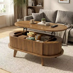 JVNOXK Table basse à plateau relevable cannelé avec compartiment caché, table basse en bois, table relevable ovale moderne pour salon, bureau, noyer