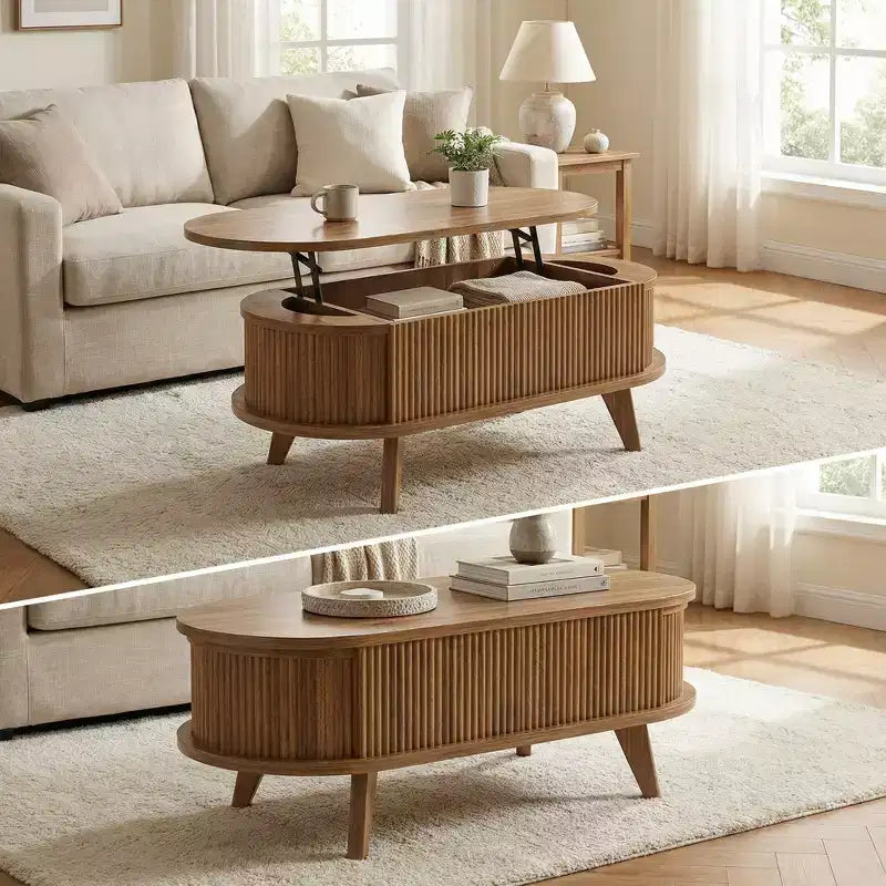 JVNOXK Table basse à plateau relevable cannelé avec compartiment caché, table basse en bois, table relevable ovale moderne pour salon, bureau, noyer