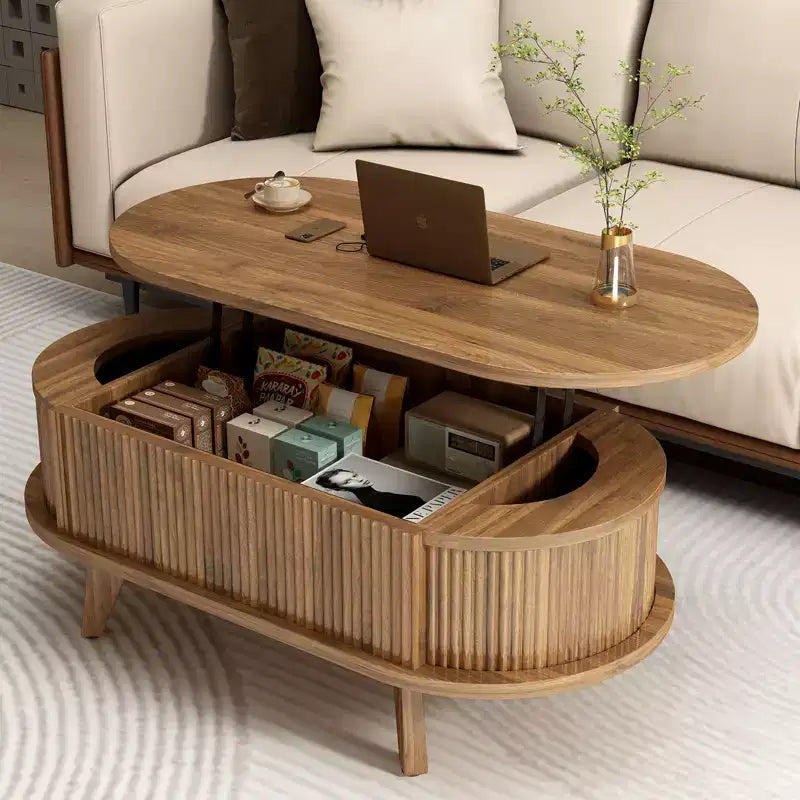 JVNOXK Table basse à plateau relevable cannelé avec compartiment caché, table basse en bois, table relevable ovale moderne pour salon, bureau, noyer