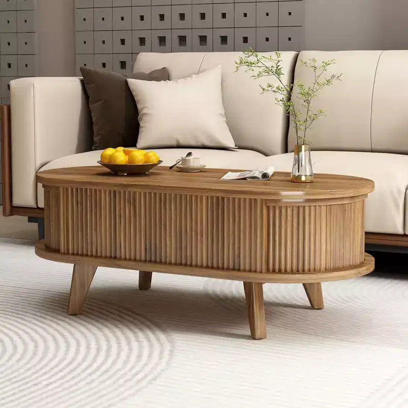 JVNOXK Table basse à plateau relevable cannelé avec compartiment caché, table basse en bois, table relevable ovale moderne pour salon, bureau, noyer