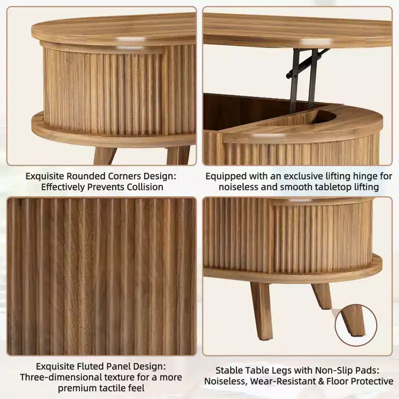 JVNOXK Table basse à plateau relevable cannelé avec compartiment caché, table basse en bois, table relevable ovale moderne pour salon, bureau, noyer