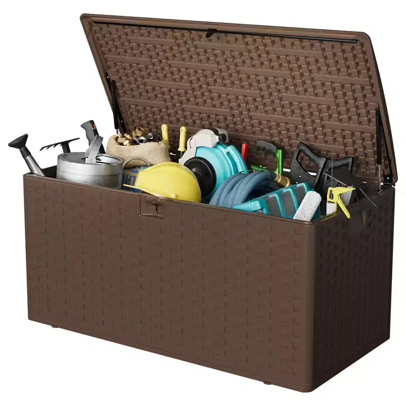 Acekool Contenitore da Esterno Impermeabile da 380 Litri in Resina Effetto Rattan, Cassapanca Lucchettabile per Cuscini, Attrezzi da Giardino, Accessori per Piscina, Marrone