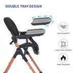 Chaise haute pliable pour bébé, chaise pour nourrisson et tout-petit 3 en 1 portable avec doubles plateaux amovibles, siège d'appoint de voyage compact réglable pour enfants