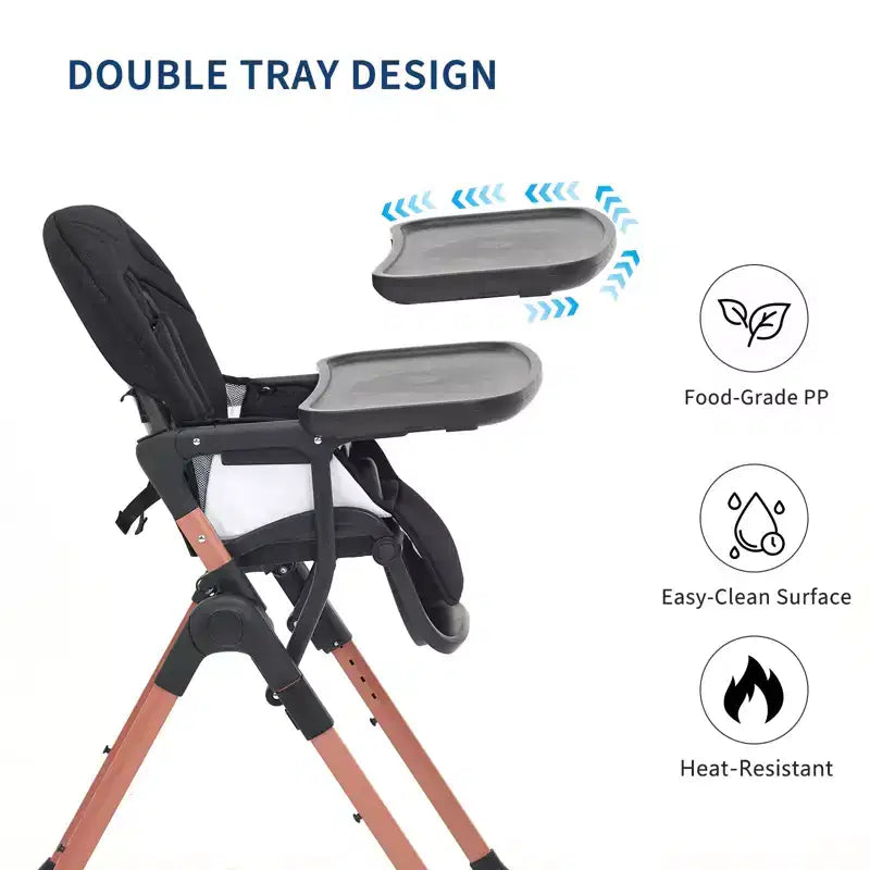 Chaise haute pliable pour bébé, chaise pour nourrisson et tout-petit 3 en 1 portable avec doubles plateaux amovibles, siège d'appoint de voyage compact réglable pour enfants