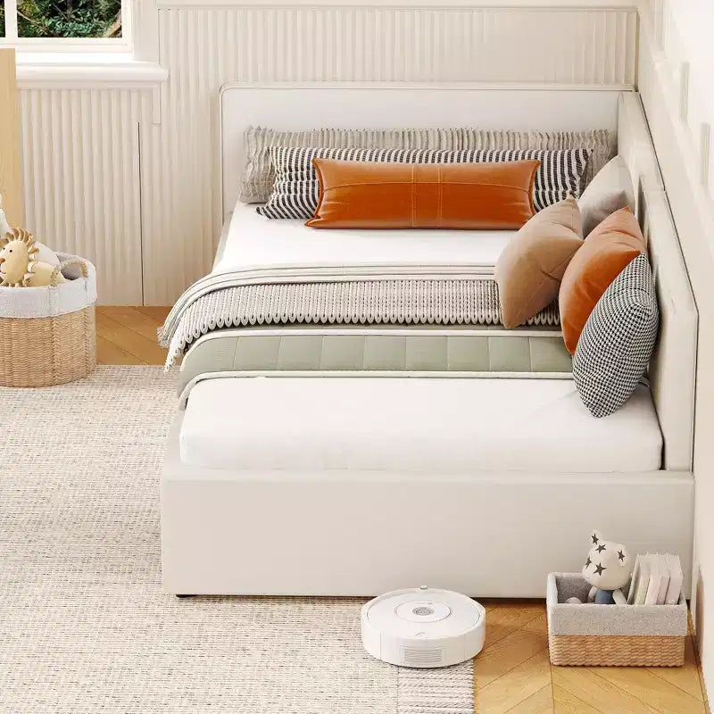 Struttura Divano Letto Angolare Doppio con Testiera Imbottita in Velluto, Daybed con Sponda Regolabile per Bambini, Camera da Letto per Ragazzi e Ragazze e Camera degli Ospiti