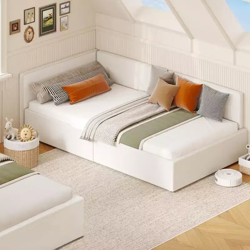 Struttura Divano Letto Angolare Doppio con Testiera Imbottita in Velluto, Daybed con Sponda Regolabile per Bambini, Camera da Letto per Ragazzi e Ragazze e Camera degli Ospiti