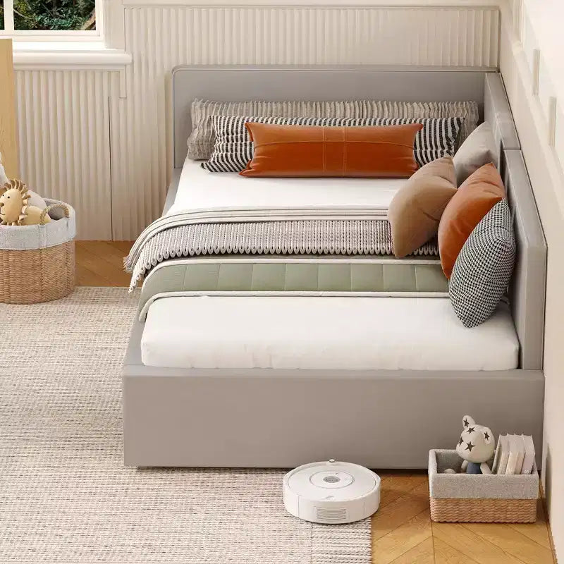 Struttura Divano Letto Angolare Doppio con Testiera Imbottita in Velluto, Daybed con Sponda Regolabile per Bambini, Camera da Letto per Ragazzi e Ragazze e Camera degli Ospiti