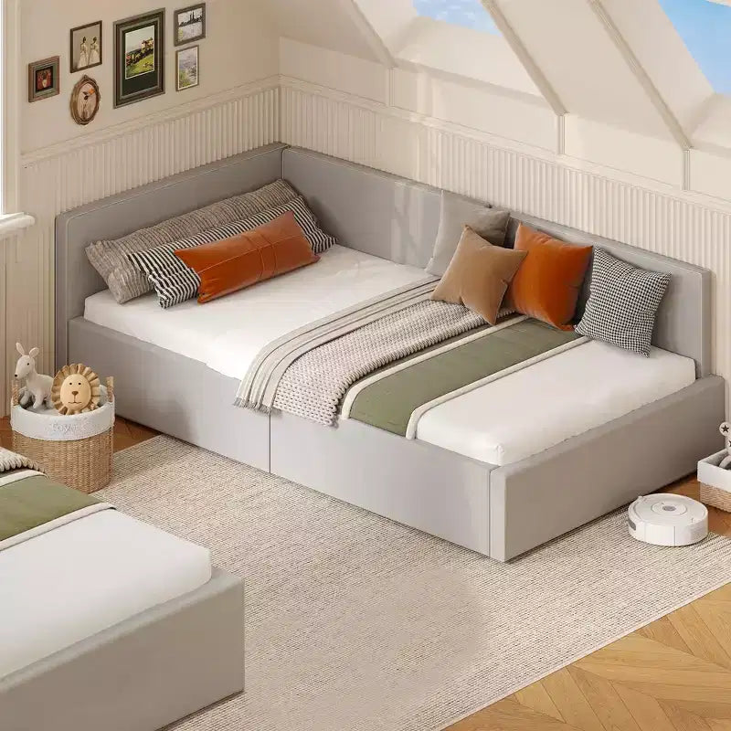 Struttura Divano Letto Angolare Doppio con Testiera Imbottita in Velluto, Daybed con Sponda Regolabile per Bambini, Camera da Letto per Ragazzi e Ragazze e Camera degli Ospiti