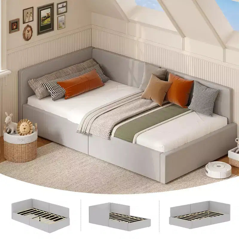 Twin Corner Sofa Bed Frame with Velvet Upholstered Headboard, Daybed with Adjustable Guardrail for Kids, Boys, Girls Bedroom and Guest Room