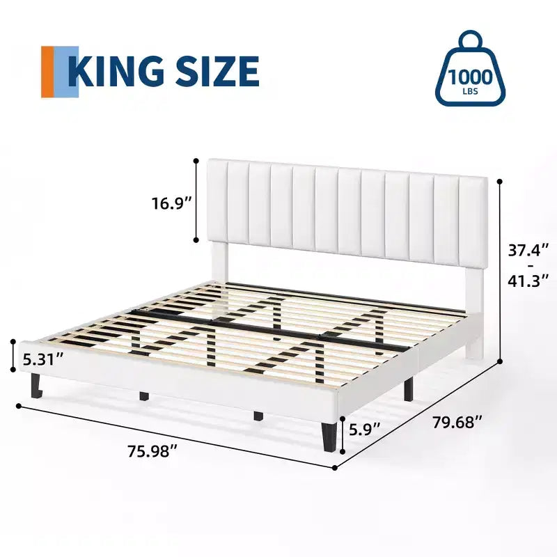 Letto imbottito con piattaforma e testiera trapuntata regolabile, struttura del letto matrimoniale senza rumore, robuste doghe in legno, non è necessaria la rete a molle. Disponibile in versione singola