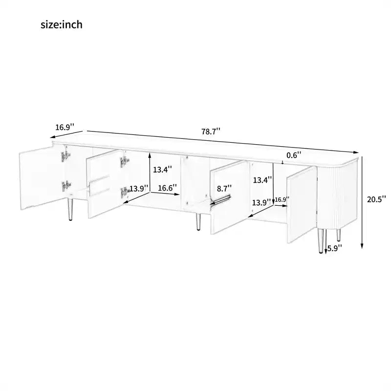 Meuble TV minimaliste JVNOXK de 78,7'' pour téléviseurs jusqu'à 85 pouces, avec 4 compartiments spacieux pour salon, Blanc