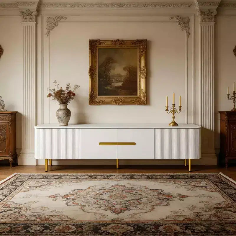 Meuble TV minimaliste JVNOXK de 78,7'' pour téléviseurs jusqu'à 85 pouces, avec 4 compartiments spacieux pour salon, Blanc