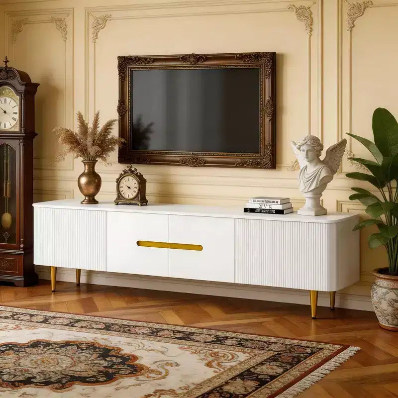 Meuble TV minimaliste JVNOXK de 78,7'' pour téléviseurs jusqu'à 85 pouces, avec 4 compartiments spacieux pour salon, Blanc