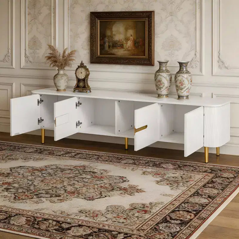 Meuble TV minimaliste JVNOXK de 78,7'' pour téléviseurs jusqu'à 85 pouces, avec 4 compartiments spacieux pour salon, Blanc