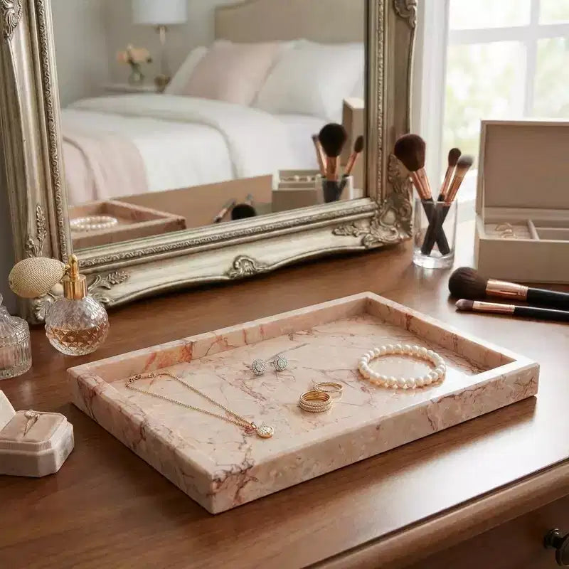 Élégant plateau de rangement à bijoux en marbre naturel, cadeau fête des mères, plateau en marbre véritable pour coiffeuse, salle de bain, décoration intérieure
