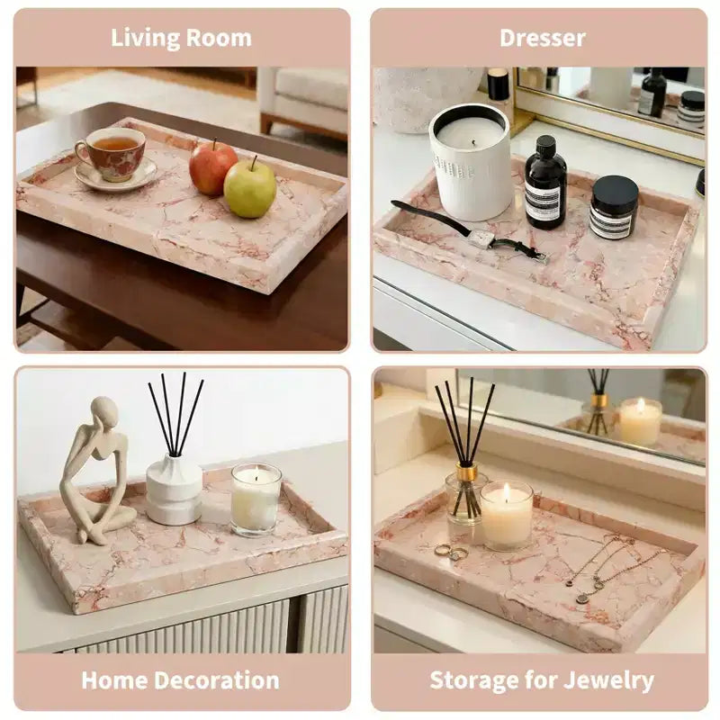 Élégant plateau de rangement à bijoux en marbre naturel, cadeau fête des mères, plateau en marbre véritable pour coiffeuse, salle de bain, décoration intérieure